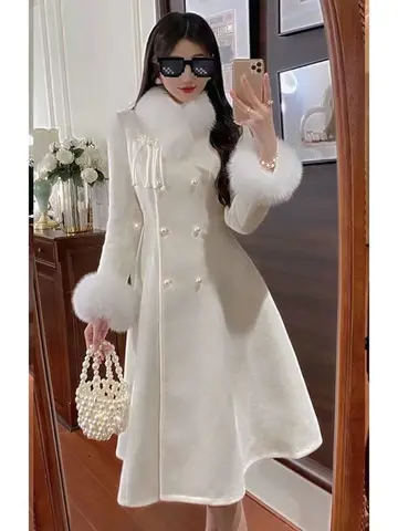 2023 зимнее женское винтажное шерстяное пальто в китайском стиле, женское элегантное двубортное длинное пальто трапециевидной формы, женское белое пальто с меховым воротником