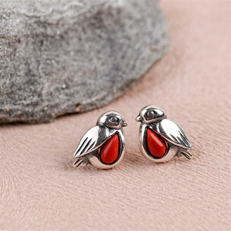 

Extra Tiny Coral Robin Studs Earrings Silvertone Bird Jewelry Nature Inspired Robin Studs for Women Girls "RED EAR SYNDROM"