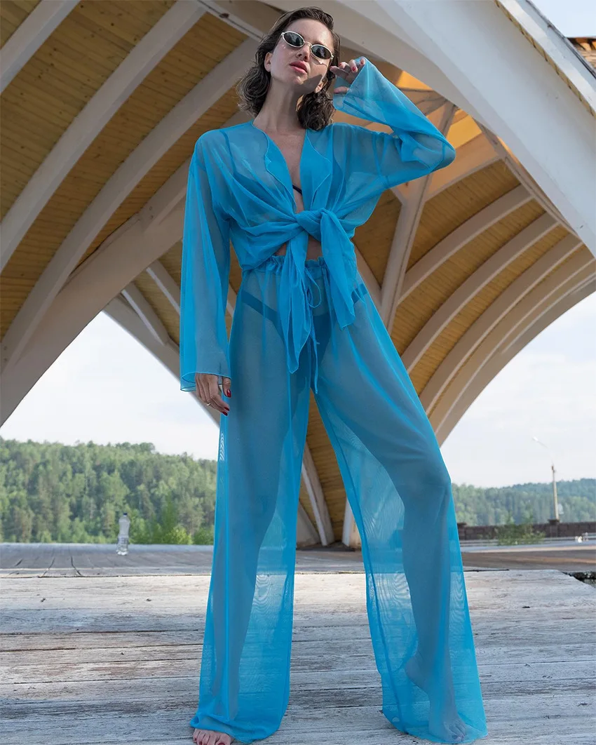 

Женские сетчатые костюмы из 2 предметов, элегантная пляжная одежда из тюля, однотонный прозрачный кардиган с длинным рукавом + комплекты из ...