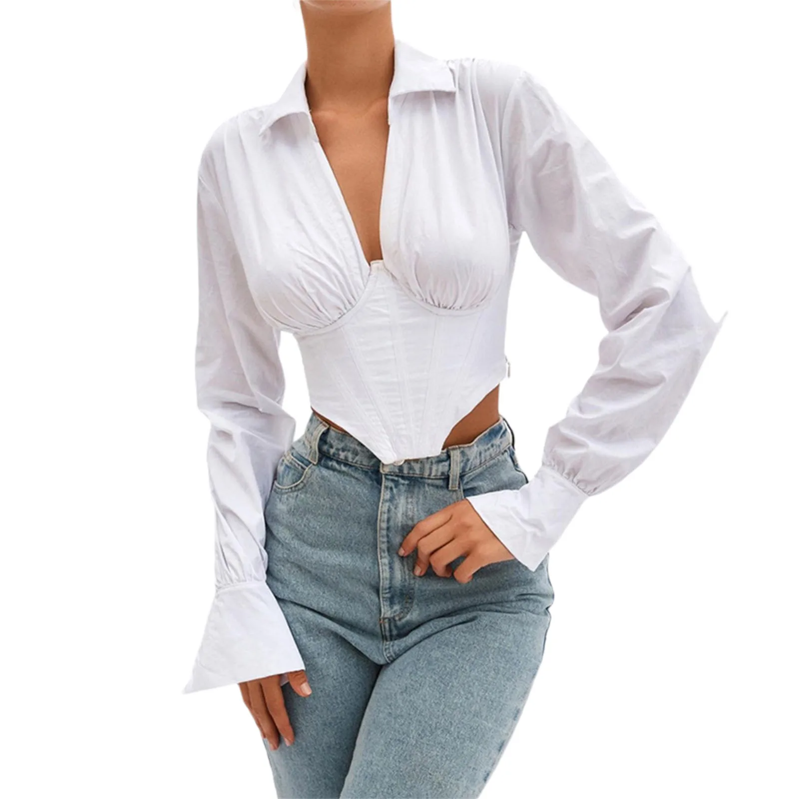 

Women Close-fitting Collared Tops White Solid Color Plunging Neckline Long Sleeve Blouse Beautiful Clothing