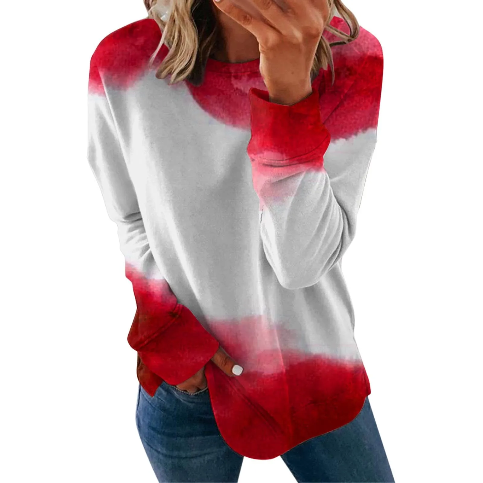 

Женский Повседневный Модный пуловер с цветочным градиентным принтом и длинным рукавом с круглым вырезом, блузка, простой и модный новый женский свободный топ