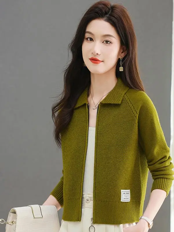Lapel Zip-up Sweater Outerwear Women Short Autumn and Winter Small Knitted Top High Waist Casual Outdoor Fleece Cardigan