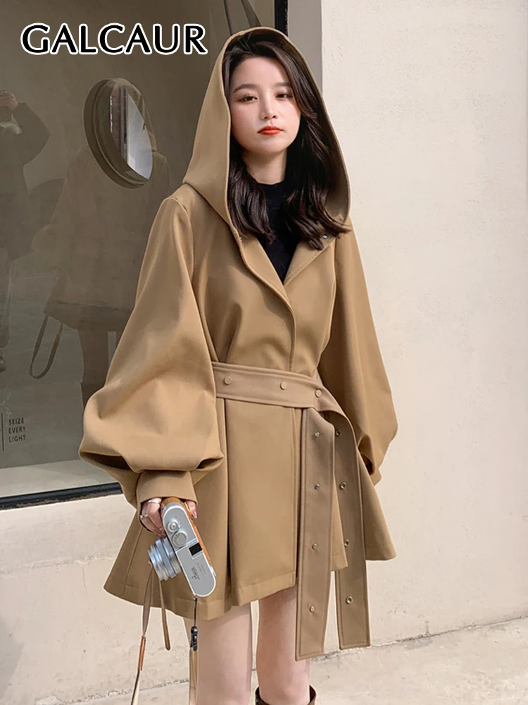

GALCAUR Hooded Collar Coats For Women Long Sleeve Patchwork Belted Solid Ruched Windbreaker Female 2022 Clothing Casual Fashion