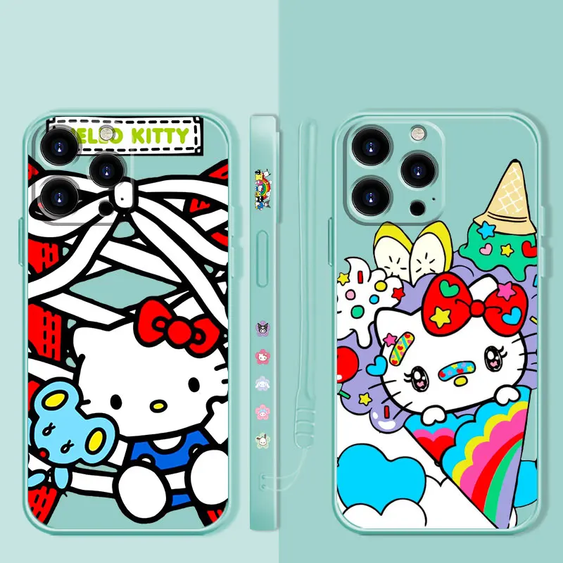 

Liquid Phone Case For Apple iPhone 14 13 12 11 Pro Max 13 12 Mini XS XR X 7 8 6 6S Plus Hello Kitty Rainbow Color Sweet Cone