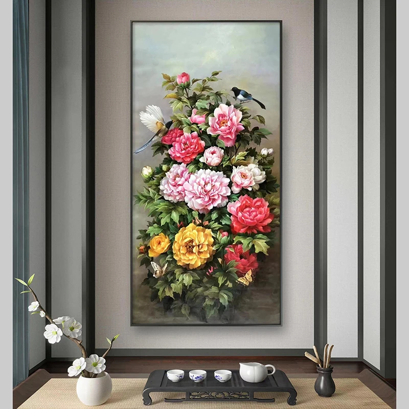 

Hand Painted Oil Painting Peony Flowers Chinese National Flowers Bloom Rich Simple Modern Luxury Sofa Background Wall Painting