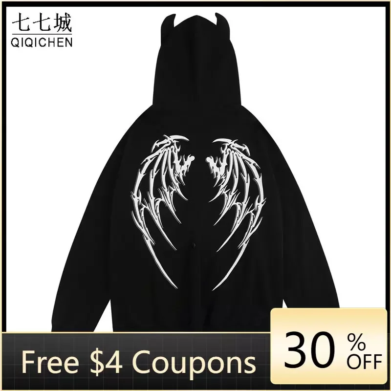 

Уличная толстовка с дьявольским Рогом, Мужской винтажный кардиган на молнии с дьявольским хвостом в стиле Харадзюку, хлопковые толстовки с принтом крыльев Y2k, осень для пар