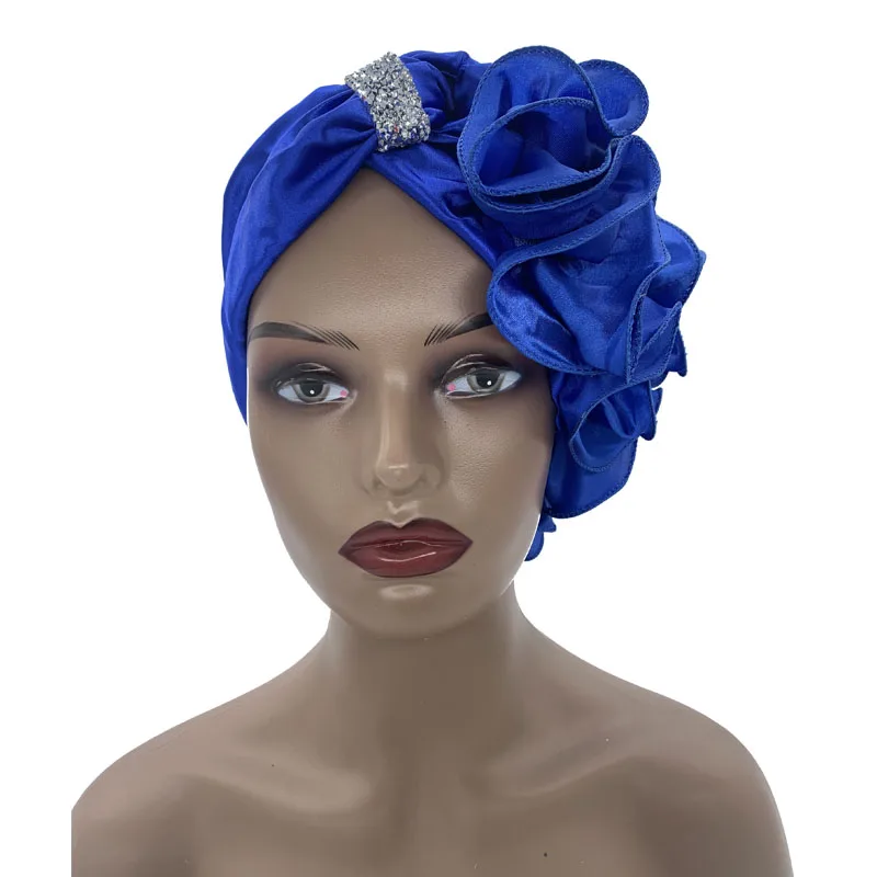 

Stones Turban Cap with Side Ruffles Design Women Wedding Party Headpiece Muslim Headscarf Bonnet African Headtie