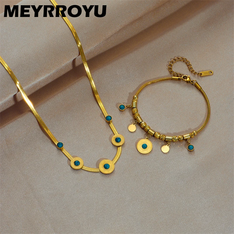 

MEYRROYU 316 Stainless Steel Green Stone Geometry Tassel Snake Chain Jewelry Sets For Women Necklace and Bracelet Party Gift