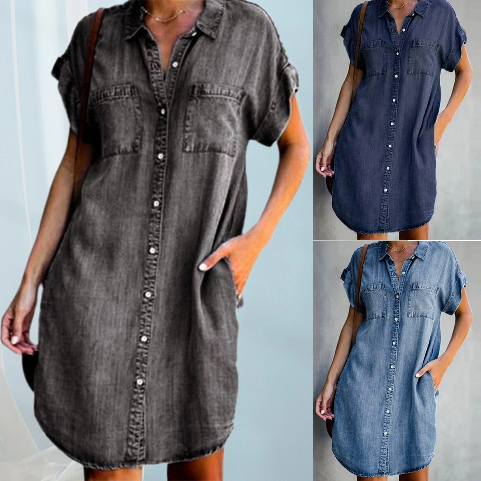 

Korean Distressed Denim Dress Y2K Vintage Streetwear Jean Dress with Pocket Slim Harajuku Simple Daily Commuting Clothing