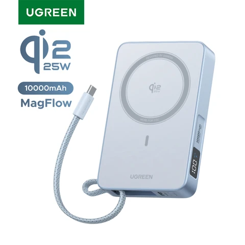 UGREEN Qi2.2 25W Power Bank с быстрой зарядкой 10000 мАч, внешний аккумулятор с кабелем Type-C для iPhone 17 Pro Max, совместимый с MagSafe 30W