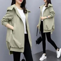 spring and autumn womens korean style hooded coat grace loose mid length trench coat plus size keep warm winter jacket deat