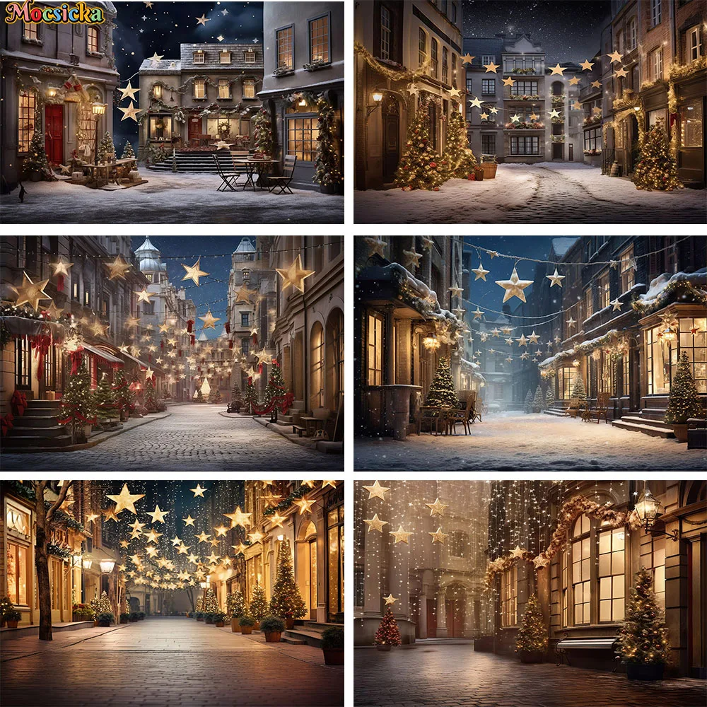 

Christmas Night Street Photography Backdrop Glitter Stars Decor Stone Road Xmas Shop Background Kid Family Portrait Studio Photo