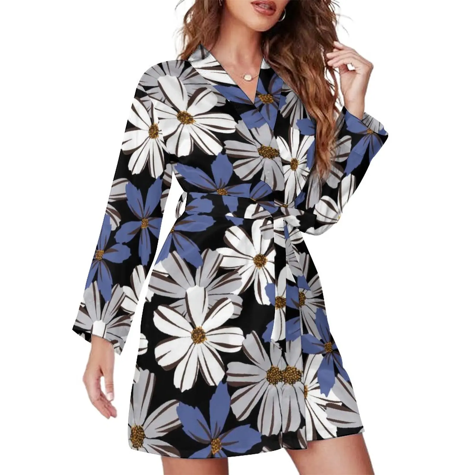 

White Blue Daisies Pajama Robe V Neck Funky Floral Print Sexy Dresses Female Long-Sleeve Leisure Nightgown Graphic Pajamas Robes