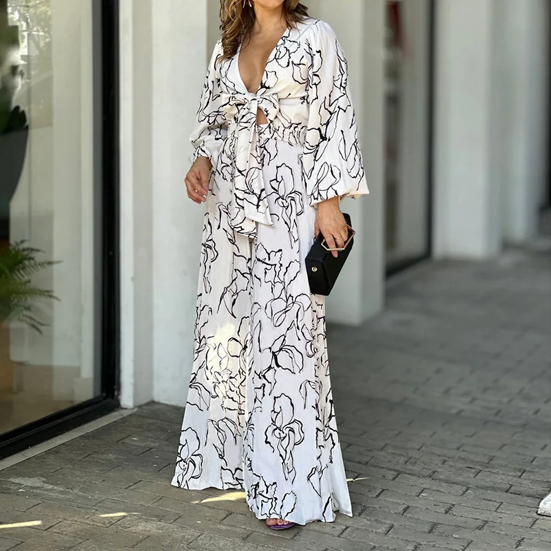 

Lace-up Hollowed Out Flared Sleeves Loose Jumpsuit Women Printed V-neck Sexy Jumpsuit Loose Wide Leg Pants Casual Jumpsuit New