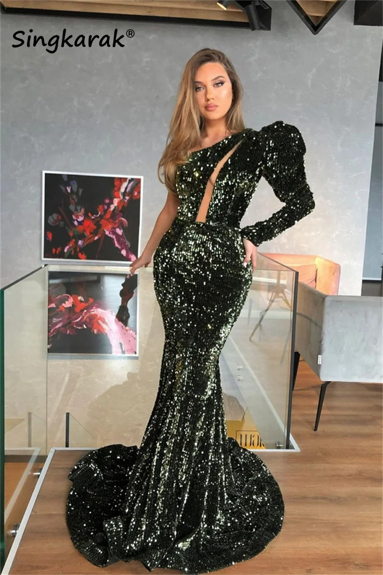 

Shinning Full Sequins Mermaid Evening Dresses One Sleeve Formal Party Gowns Vestidos De Noche New Arrival