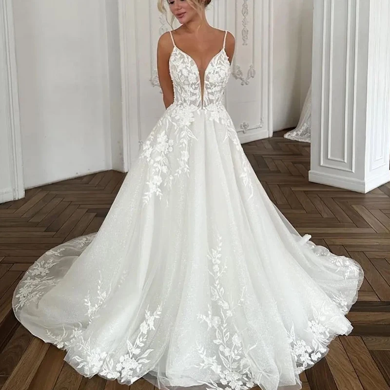 

Luxury Wedding Dress Embroidery With Sequins Lace A-line Ball Gown O-neck Puff Sleeve Bridal Gowns Back Button Robe De Mariee