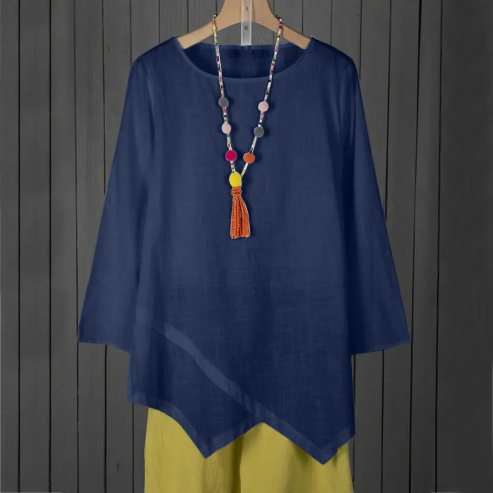 

Women Tee Top O-neck Irregular Hem Loose Fit Autumn Shirt Solid Color Long Sleeve Vintage Pullover Top Female Clothing