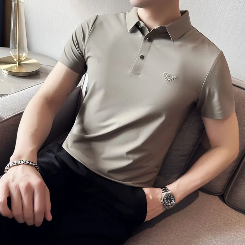 

3D значок высокоэластичные ледяные шелковые лацканы футболки мужские с коротким рукавом повседневные рубашки поло тонкие бизнес социальные футболки топы мужская одежда