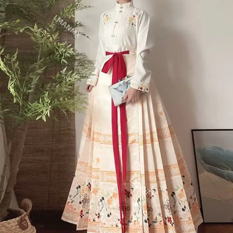 Женская юбка с рисунком лошади династии Мин ханьфу черная синяя красная рубашка +