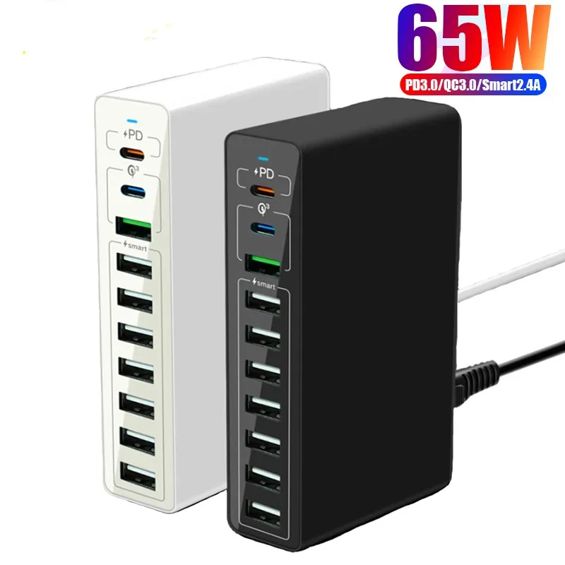 

65W Multiport USB Charging Station USB-C 20W Fast iPhone Chargers with 2 Type-C and 8 USB-A Desktop Charger for Phones Tablets