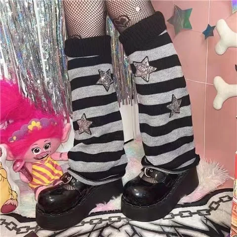 New Bling Star Y2k Wool Knitted Legs warmers Striped Wide Leg Flared Socks Japanese Star JK Boot Cuffs Lolita Socks Knit Sock