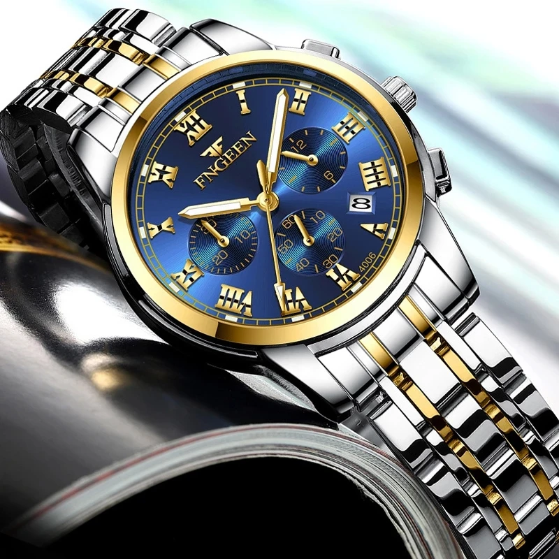 

FNGEEN Luxury Business Watch Women Aad Men Watches Stainless Steel Blue Quartz Wristwatches Waterproof Luminous Hands 4006