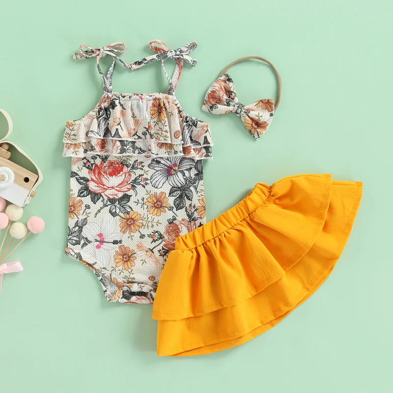 

Baby Girl Fashion Costume Sets, Spaghetti Straps Floral Print Romper + Solid Color Ruffle Layered Skirt + Headband, 0-24Months