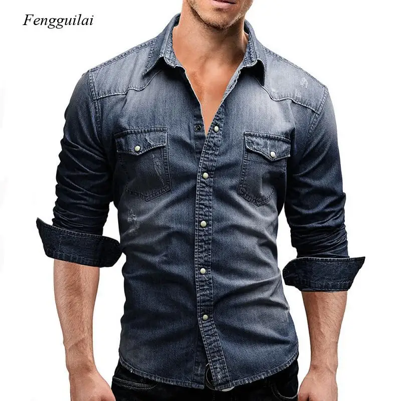 

Мужская джинсовая рубашка с длинным рукавом, приталенная рубашка из мягкого хлопка, осень 2022