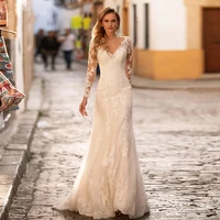 long sleeve lace mermaid wedding dresses 2022 v neck tulle bridal gown for women with button back sweep train custom made dress