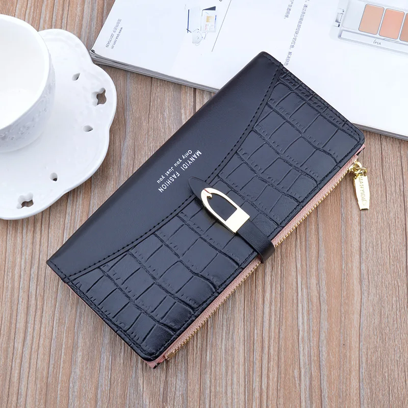 new womens wallet long solid color zipper buckle fashion crocodile pattern thin coin purses multi card holder soft wallet free global shipping
