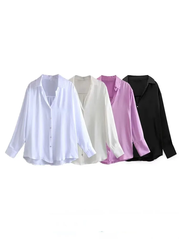 

Женская драпированная атласная блузка, винтажная рубашка с длинным рукавом, лацканами и пуговицами, шикарный топ на осень 2022