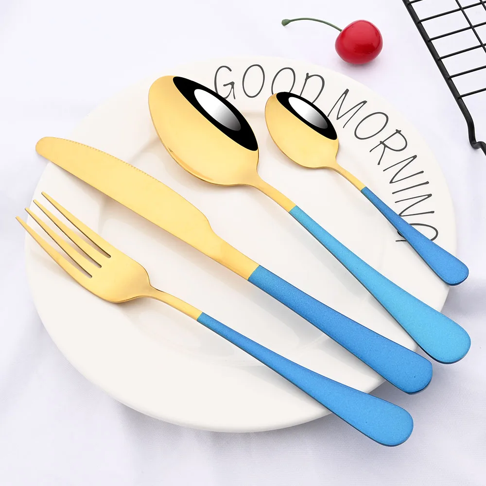 4Pcs Blue Gold Western Dinnerware Cutlery Set Dinner Flatware Knife Fork Spoon Stainless Steel Silverware Home Tableware Set