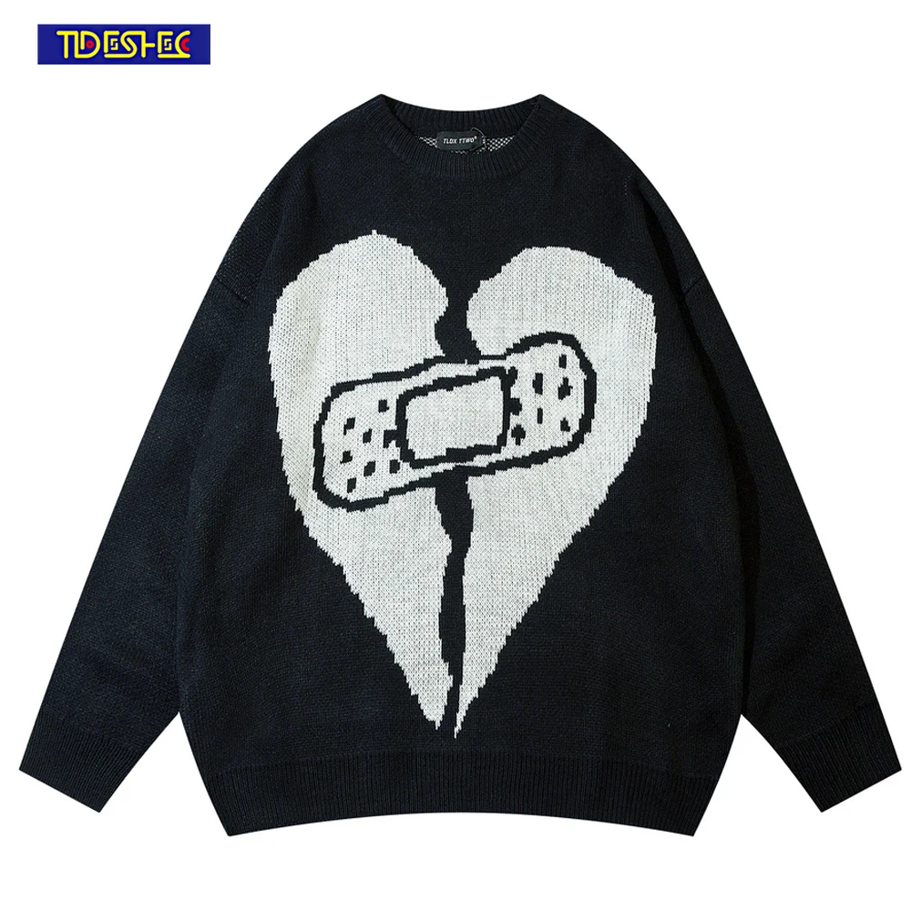 

Men Streetwear Knitted Sweater Funny Heart Band-Aid Sweaters Funny Skull Letter Print Sweater Harajuku HIP HOP Sweater Pullovers