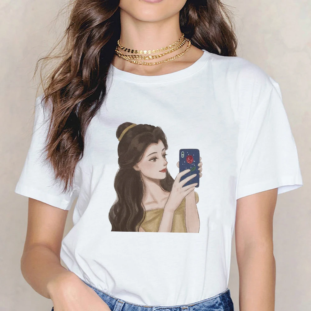 

T-Shirt White Popular Women Disney Princess Belle Cartoon Trendy Modern Tshirt Aesthetic All-Match Casual T-Shirt Creativity