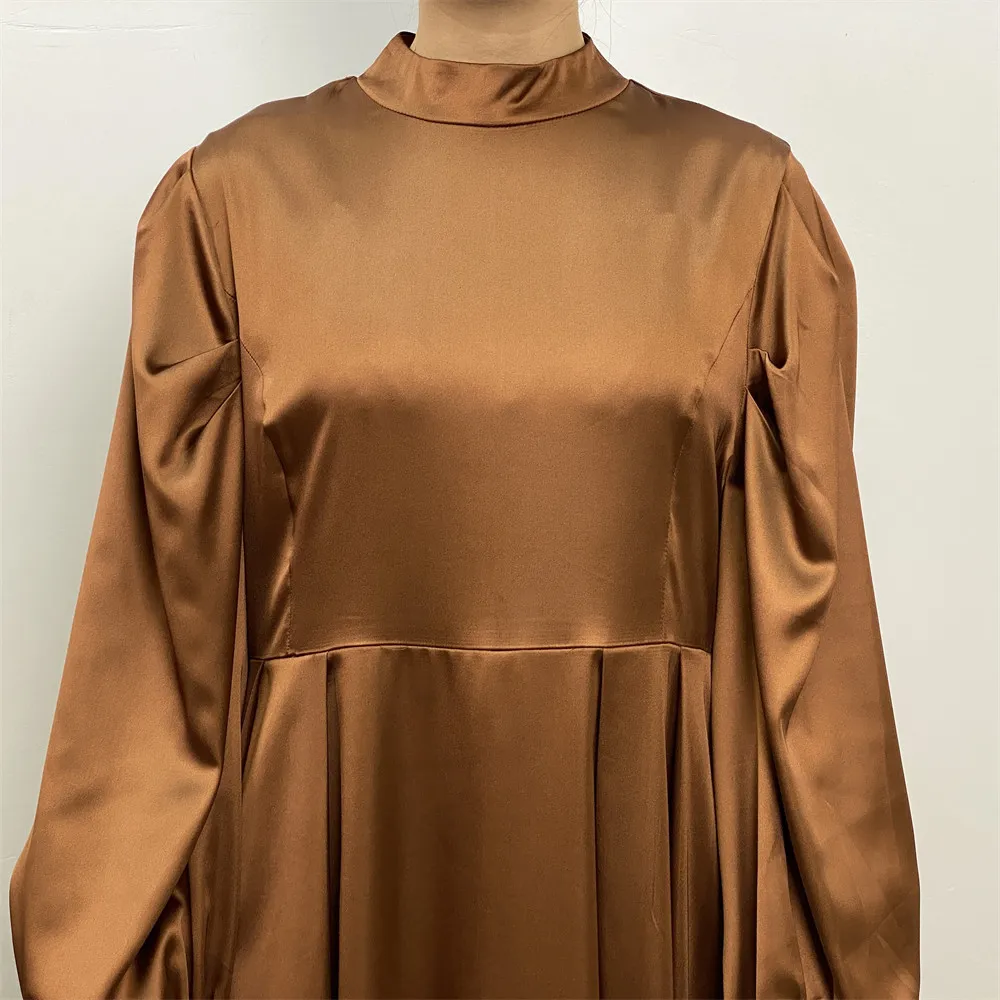 Fashionable and Minimalist Solid Satin Lace Up Sleeves Elegant Dress Muslim Women's Dress Muslim Maximum Dresses for Women
