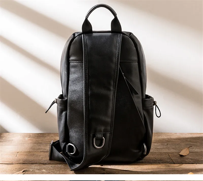 Simple casual high quality natural genuine leather men black chest bag weekend soft real cowhide large capacity crossbody bag