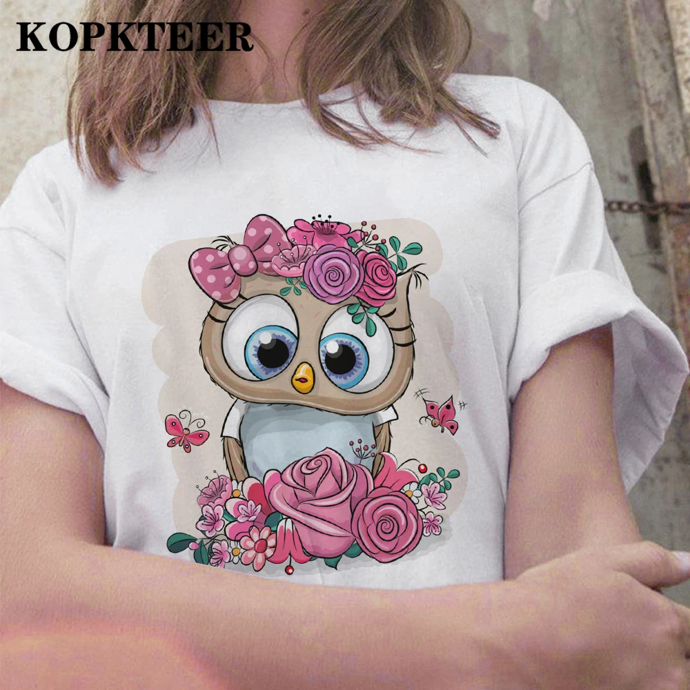 

Новинка 2022, трендовые футболки KOPKTEER с милым рисунком совы, Повседневная белая футболка с круглым вырезом, Топы Drop Schip для женщин и девочек