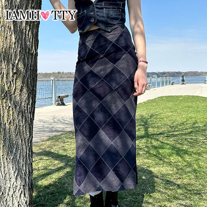 

IAMHOTTY Preppy Style Plaid Long Skirts Grey High Waist Straight Maxi Skirts Vintage Streetwear Holiday Party Casual Outfit New