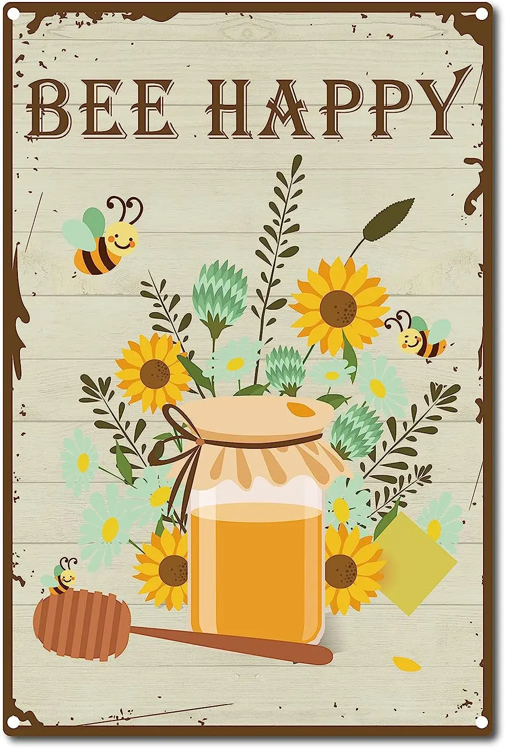 

Metal Tin Logo Bee Happy Sunflower Vintage Metal Wall Decoration Art Home Garden Kitchen Bar Living Room Office Garage Poster