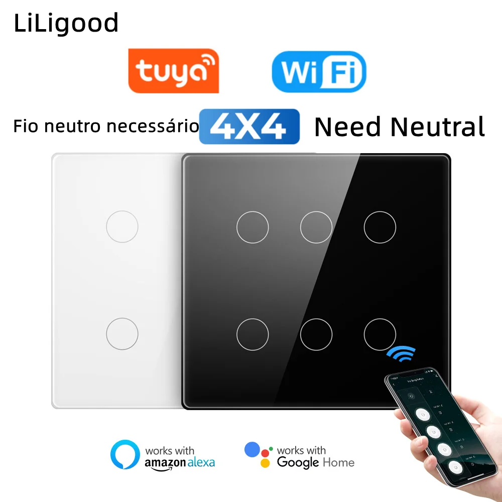 

LiLigood Tuya WiFi Smart Life 4x4 Brazil Light Switch 4/6 Gang Touch Panel Wall Switch Voice Control Work for Alexa Google Home