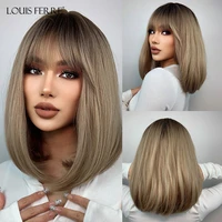 louis ferre bob straight synthetic wig ombre brown blonde wigs with bangs shoulder length natural heat resistant hair for women