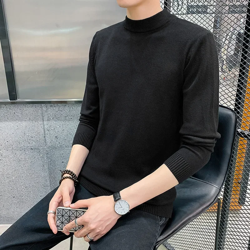 Мужской зимний вязаный свитер с высоким воротником однотонный базовый