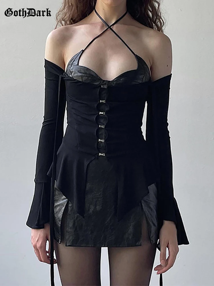 

Женские открытые топы Goth Dark Cyber Y2k, готический панк топ с открытыми плечами и длинным рукавом, свободные к низу блузки с оборками