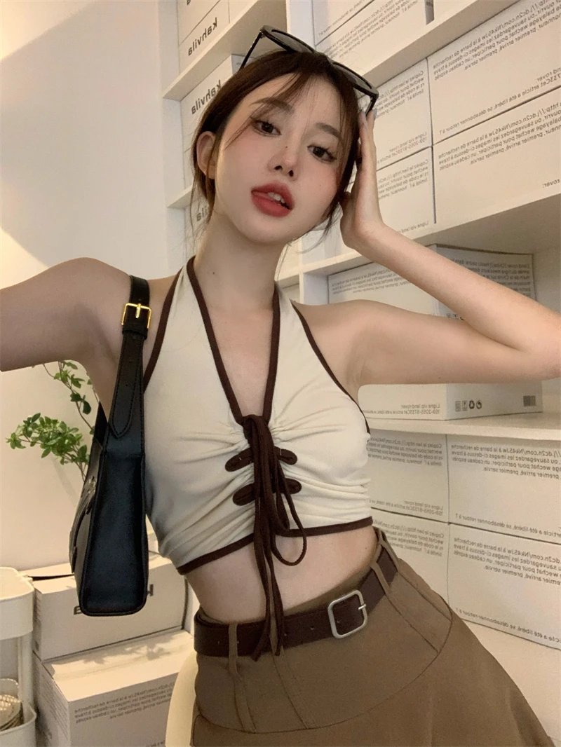 

American style pure desire style sweet spice girl sexy neck hanging small suspender women's Vest summer wear backless Top Skirt