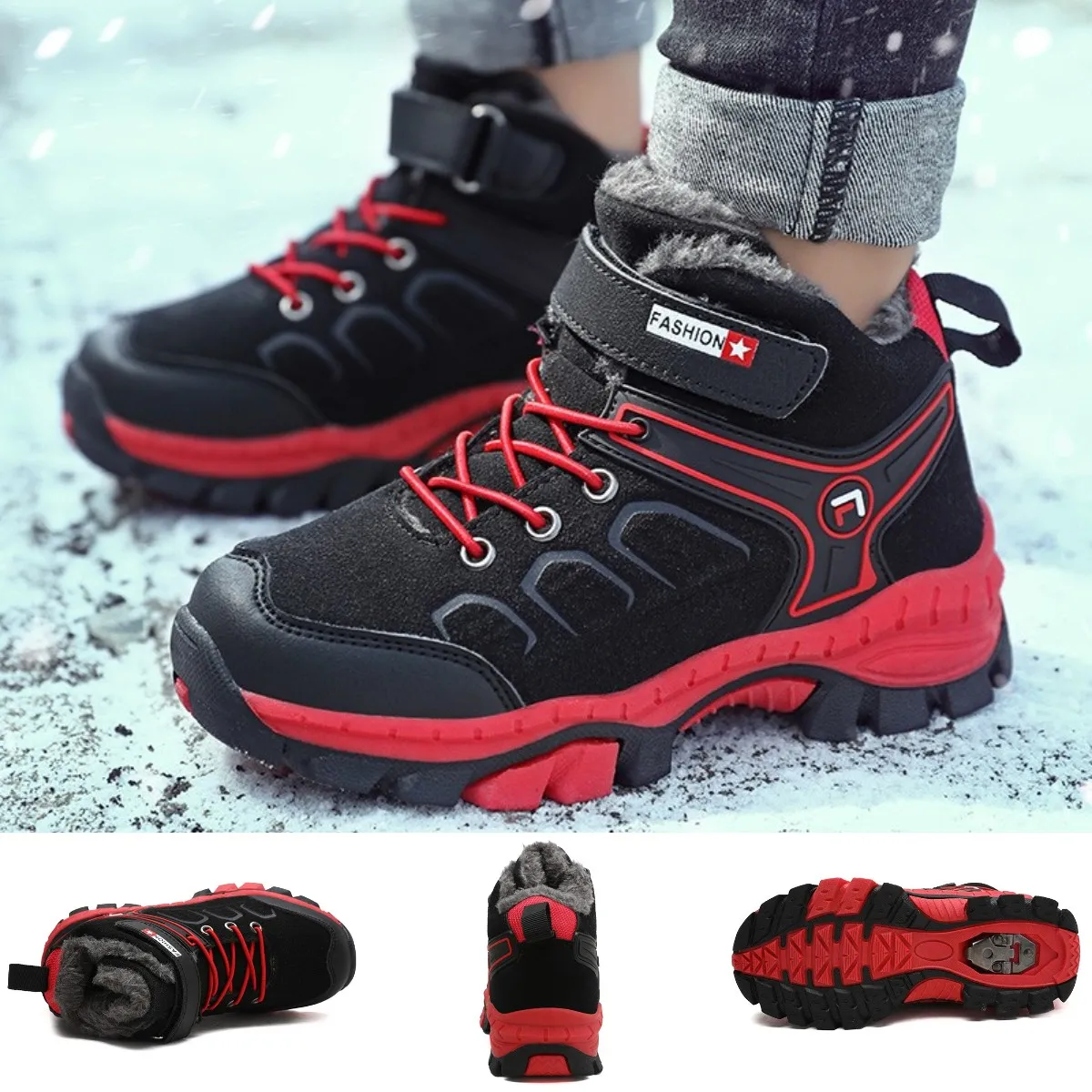 High-top Kids Hiking Boots Warm Plus Fur Winter Boots Non-slip Claw Boys Girls Basket Sneakers Teenager Waterproof Snow Boots