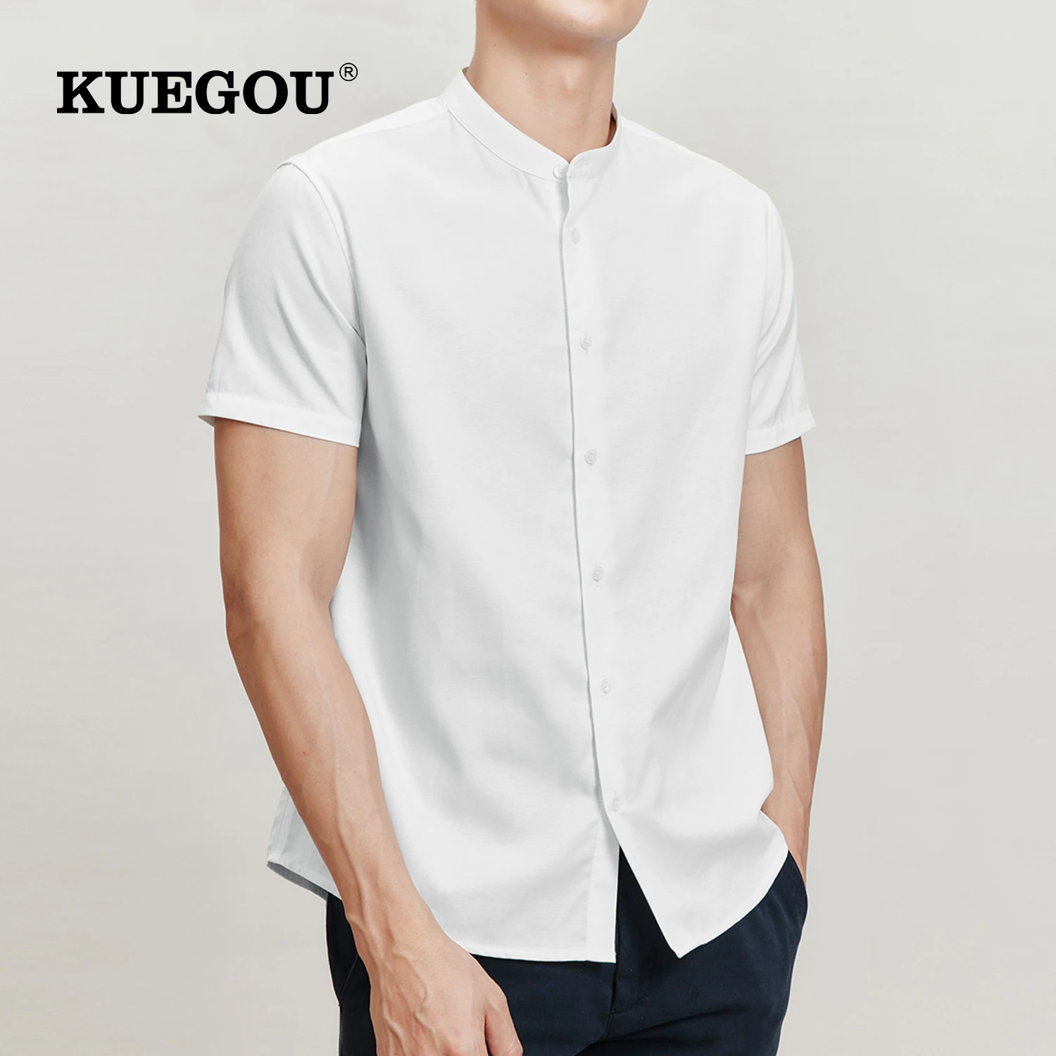 

KUEGOU Lyocell Cotton Man Shirt Short Sleeve 2022 Summer New Fashion Shirts Solid Color for Men White Black Top Plus Size 21529