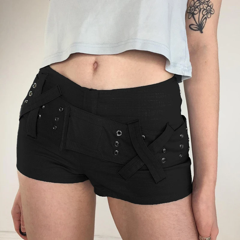 Gothic Low Waisted Y2K Shorts kinny 90s Bottoms with Belt for Women Streetwear SAesthetic Sexy Bodycon Black Cloth