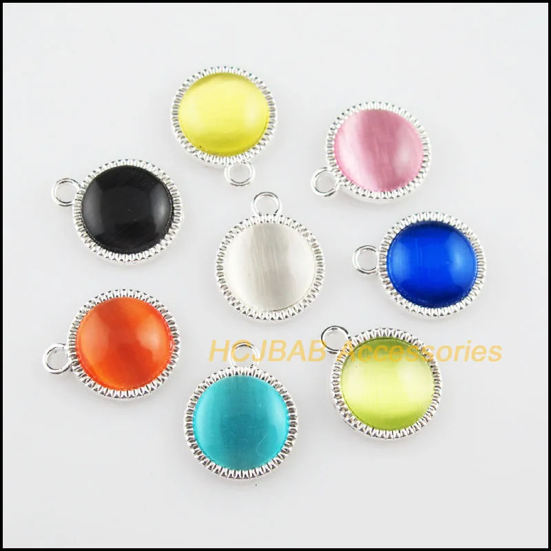 

16Pcs Silver Plated Round Flower Mixed Stone Charms Pendants 12.5x15mm