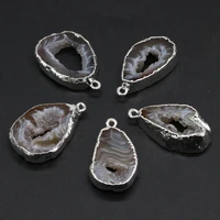 wholesale10pcs natural semi precious stone grey agate irregular silver plated edges pendant making necklace earring jewelry gift