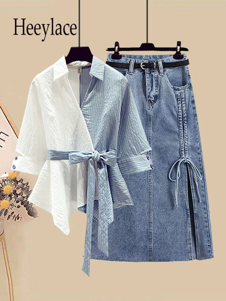 

Summer Two Pieces Set For Women Turn Down Collar Patchwork Irregular Shirt And Split Denim Skirt Sets Women Two Piece Suit